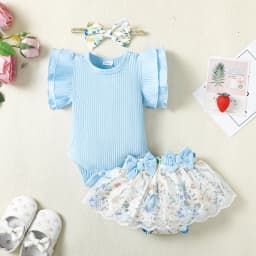 Kucnuzki 0 Months Newborn Baby Girl Clothes Romper Shorts Set 3 Months Fly Sleeve Pure Color Casuak Rompers Top Elastic Floral Mesh Panel Shorts Headband 3PCS Set Blue - Thumbnail 2