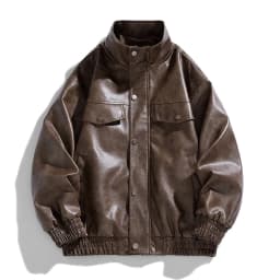 XUNKUSGA Men's Pu Leather Jacket Vintage Stand Collar Snap Button Motorcycle Jacket Classic Solid Color Long Sleeve Loose Outerwear Coat with Pockets Coffee 3XL - Thumbnail 2
