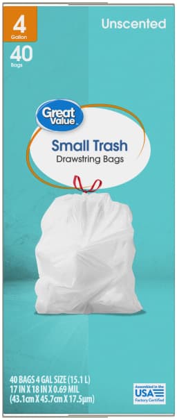 Great Value 4-Gallon Small Drawstring Trash Bags, 40 Bags - Thumbnail 3