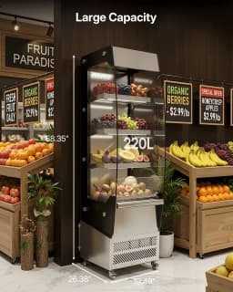 Upstreman Commercial Display Refrigerator, 7.8 Cu.Ft/ 220L Cake Display Case Fridge Open Merchandiser Beverage Cooler with LED Lighting and Wheels - Thumbnail 7