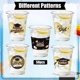 50 Pack Graduation Decorations Class of 2026, 16 Oz Black and Gold Clear Plastic Cups Disposable Party Cups for Drinks 2026 School Grad Party Favors - Thumbnail 2