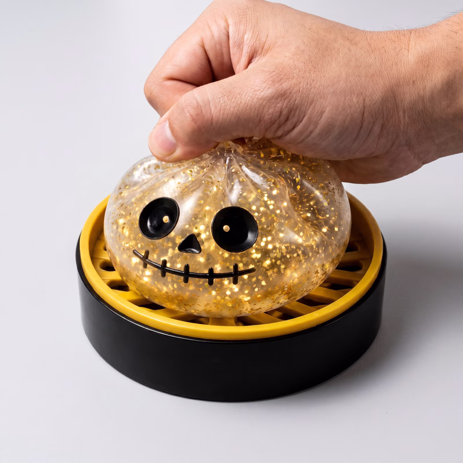 Halloween Squishy Toy, Black Yellow Glow in Dark Pumpkin Stress Ball, Sensory Fidget Toy with Sparkle, Spooky Skull Face Design, Squeeze Toy - Thumbnail 2