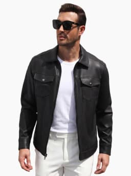 COOFANDY Men's Faux Leather Motorcycle Jacket Casual Lightweight Zip Up Trucker Outerwear with Multiple Pockets - Thumbnail 1