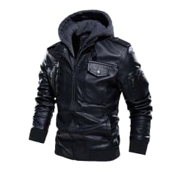 Gamivast Motorcycle Jacket for Men Faux Leather with Removable Hood Casual Pu Moto Bomber Coat Vintage Zip up Winter Biker Outerwear Apparel - Thumbnail 3