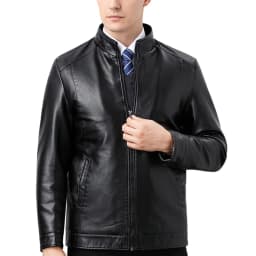 Men Stand Collar Full Zip Faux Leather Jacket, Classic Slim Fit Windproof Moto Coat, Fall Spring Business Casual Outerwear Black XS - Thumbnail 1