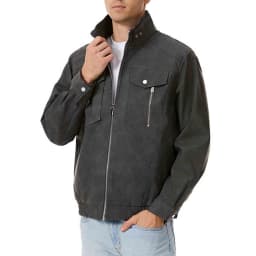 Paiwinds Men's Solid Fashion Faux Leather Jacket with Zipper Pockets & Stand Collar - Windproof & Warm, Crafted from Durable Materials for Casual & Outdoor Settings - Thumbnail 2