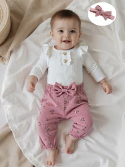 Loicainy Infant Baby Girls Fall Clothes Set 3 6 9 12 Months Long Sleeve Romper with Floral Pants and Headband Outfits - Thumbnail 5