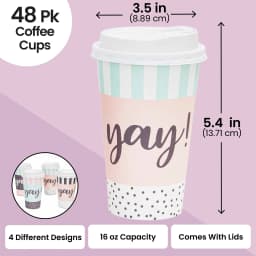 48 Pack Disposable 16oz Coffee Cups with Lids - YAY Party Supplies - Paper To Go Cup for Themed Birthday Party, Wedding, Baby Shower - Thumbnail 3