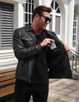 COOFANDY Men's Faux Leather Motorcycle Jacket Casual Lightweight Zip Up Trucker Outerwear with Multiple Pockets - Thumbnail 3