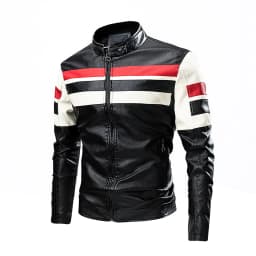 Lilgiuy Men's Novelty Casual Versatile Color Contrast Stripe Plush Leather Jacket Motorcycle Windbreaker Long Sleeve Lapel Pocket Zippered Jacket Suit Coat for Sports Gym Exersice - Thumbnail 1