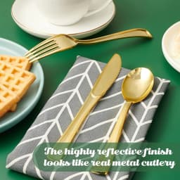 JOLLY CHEF 150 Count Gold Plastic Silverware Set - 50 Forks, 50 Knives, 50 Spoons - Heavy Duty Plastic Cutlery Set Disposable Flatware - Thumbnail 5