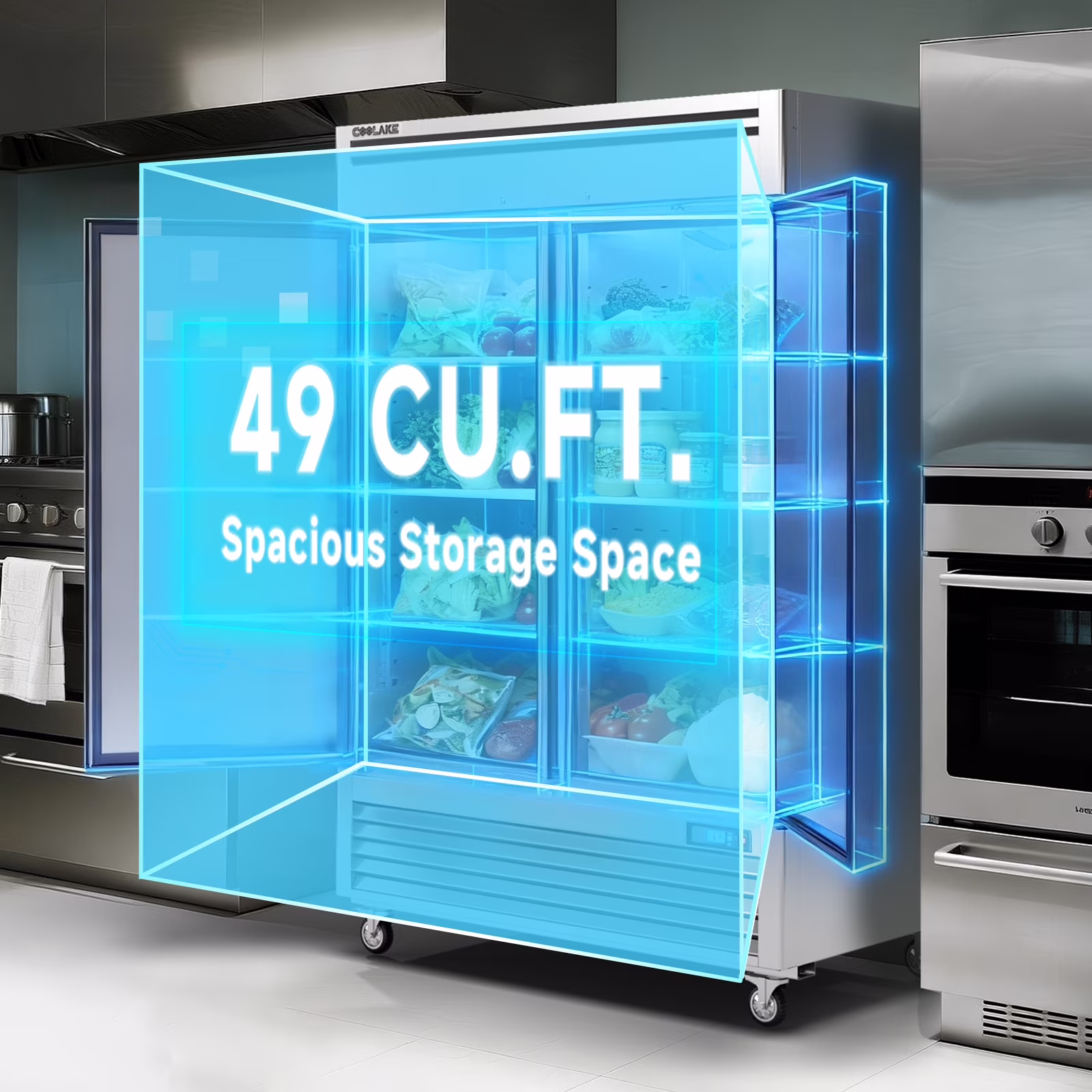 Coolake 49 Cu Ft Commercial Refrigerator, 54.4" W 2 Door Upright Fridge with 8 Adjustable Shelves, Frost-free Stainless Steel Industrial Reach-in - Thumbnail 5