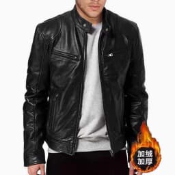 WREESH Men's Faux Leather Bomber Jacket Winter Coat, Motorcycle Style Zippered Jacket with Stand Collar - Thumbnail 2
