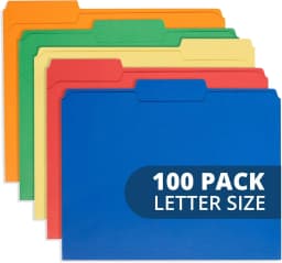 100 File Folders, Letter, Assorted Colors, 1/3 Cut Tab | Blue, red, green, yellow and orange, durable 11pt paper, reinforced 1/3 cut tabs, color - Thumbnail 1
