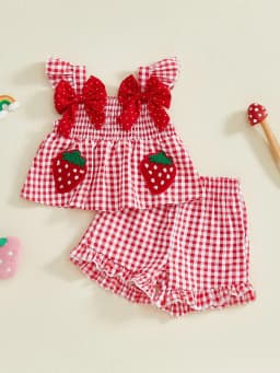 Loicainy Toddler Baby Girl Summer Outfit 6 9 12 18 24 Months 2T 3T Strawberry Embroidered Plaid Bows Ruffled Trim Tank Tops and Shorts 2 Pcs Clothes Set - Thumbnail 8