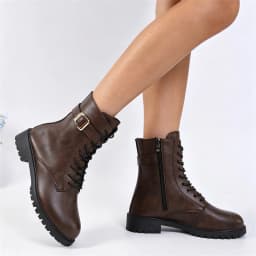 Ankle Boots for Women, Lace Up Combat Booties with Side Zipper Belt Buckle, Chunky Low Heel Round Toe Comfortable Casual Fashion Shoes - Thumbnail 4