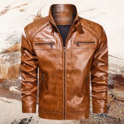 Men's Leather Jacket Stand Collar Motorcycle Bomber Jackets Brown S - Thumbnail 2