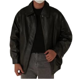 Maoxin Mens Jacket Men's Lapel Casual Loose Heavy Distressed Leather Jacket Long Sleeve Hoodless Leather Coat/Jacket Plus Size Leather Jackets for Men Black L - Thumbnail 1