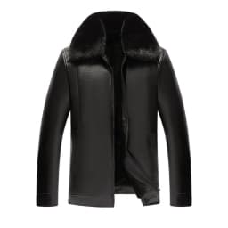 Motorcycle Leather Jacket for Men Faux Fur Collar Lapel Long Sleeve Front Zip Outwear Thicken Warm Windproof Coat (3XL, Black) - Thumbnail 1