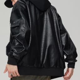 YLSDY Men's Faux Leather Jacket Zipper Hooded Bomber Jacket Loose Fit PU Leather Motorcycle Outwear Large Black M - Thumbnail 8