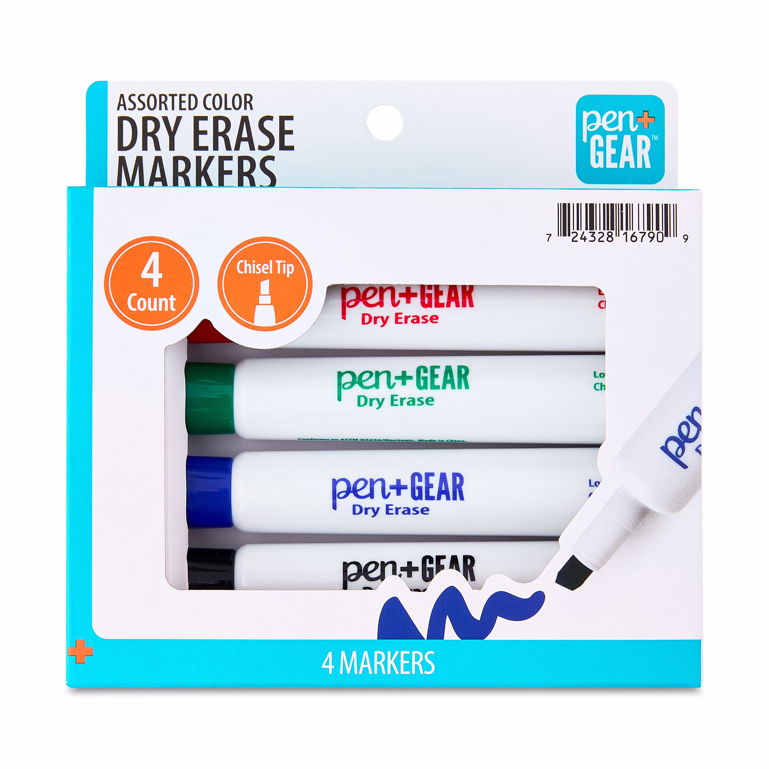 Pen+Gear Dry Erase Markers, Chisel Tip, Assorted Colors, 4 Count - Thumbnail 1