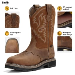 SMILIN Steel Toe Boots For Men Pull-on Western Work Boots,Brown,Size 12 - Thumbnail 8