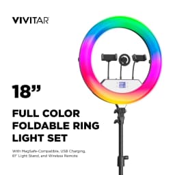 Vivitar Creator Series 18" RGB Foldable Ring Light with Stand, MagSafe-Compatible Phone Mount, Dual USB Charging, Wireless Remote, Adjustable Tripod - Thumbnail 2
