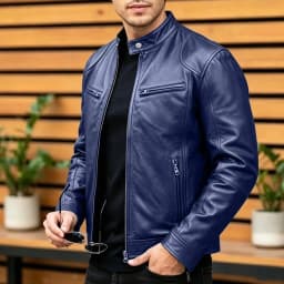 Men's Stand Collar Faux Leather Jacket, Zip up Long Sleeve Vintage Casual Motorcycle Coat for Daily Wear Dark Blue XL - Thumbnail 2