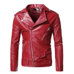 ZCFZJW Men's Vintage Asymmetric Zip Lightweight Faux Leather Biker Jacket Trendy Slim Fit Outwear Overcoat Retro Notched Lapel Pu Biker Coat with Pockets Red XL - Thumbnail 1