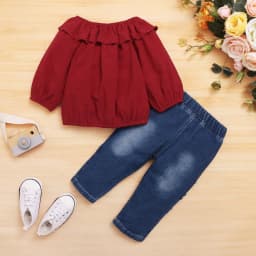 Infant Baby Girl Clothes Baby Girl 2PCS Outfits Long Sleeve Ruffle Collar Top Jeans Pants Set Wine Red 6-9 Months - Thumbnail 3