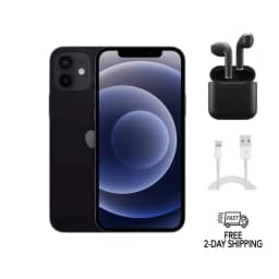 Restored Apple iPhone Bundle, iPhone 12 with Wireless Earbuds & Cable (Unlocked), Black, 64GB - Thumbnail 1