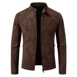 Men's Faux Leather Moto Jacket with Stand Collar, Metal Zipper, Casual Outerwear for Outdoor Wear, Slim Fit Short Coat - Thumbnail 4