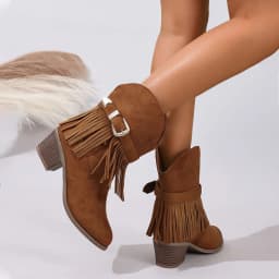 Ecetana Cowboy Boots for Women Mid Calf Cowgirl Boots with Fringe Round Toe Western Boot Chunky Low Heel Shoes - Thumbnail 5
