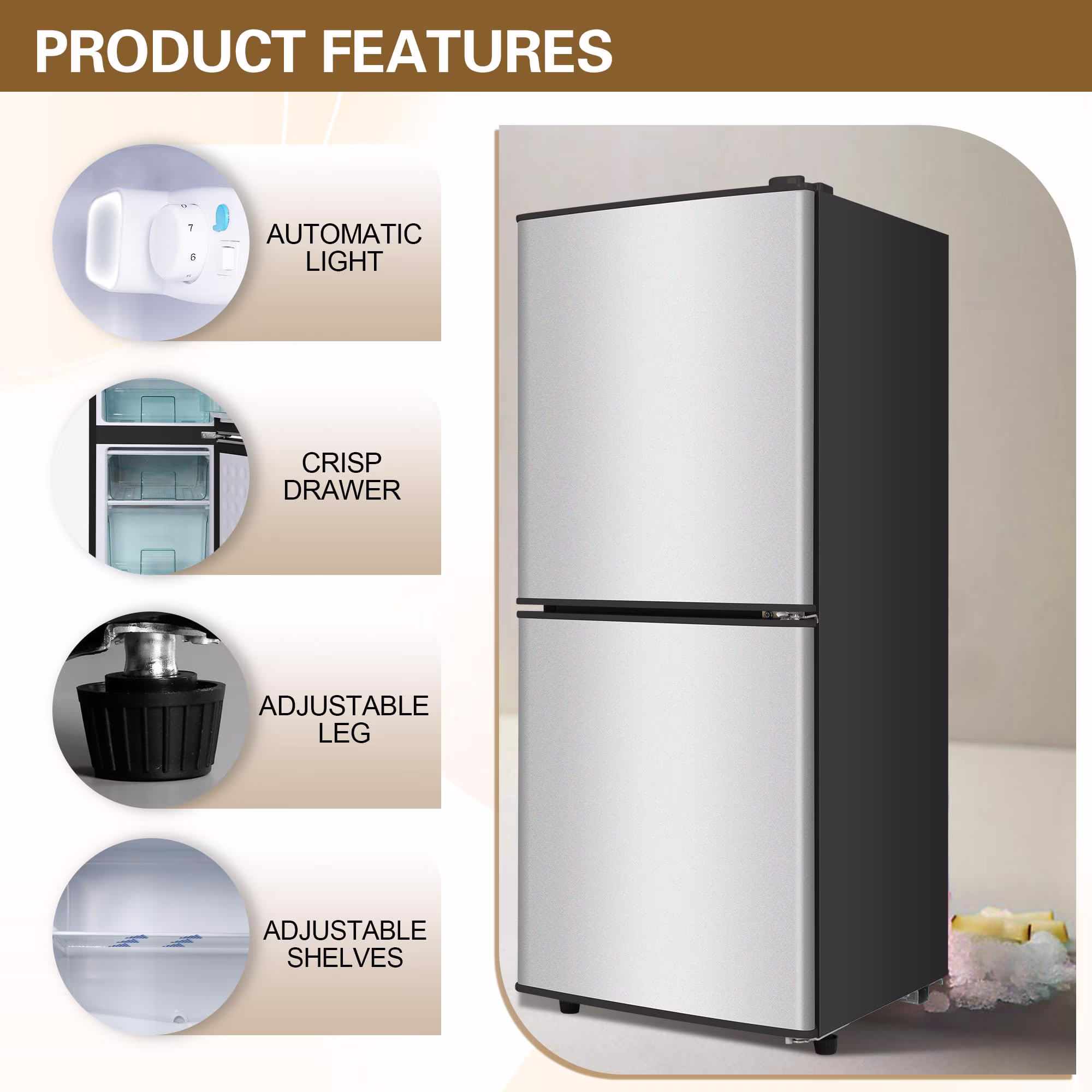 4.2 Cu.Ft Small Fridge with Freezer, 7-Level Adjustable Thermostat, Removable Glass Shelves, Quiet 38dB Energy-Saving for Dorm/Office/Kitchen - Thumbnail 4