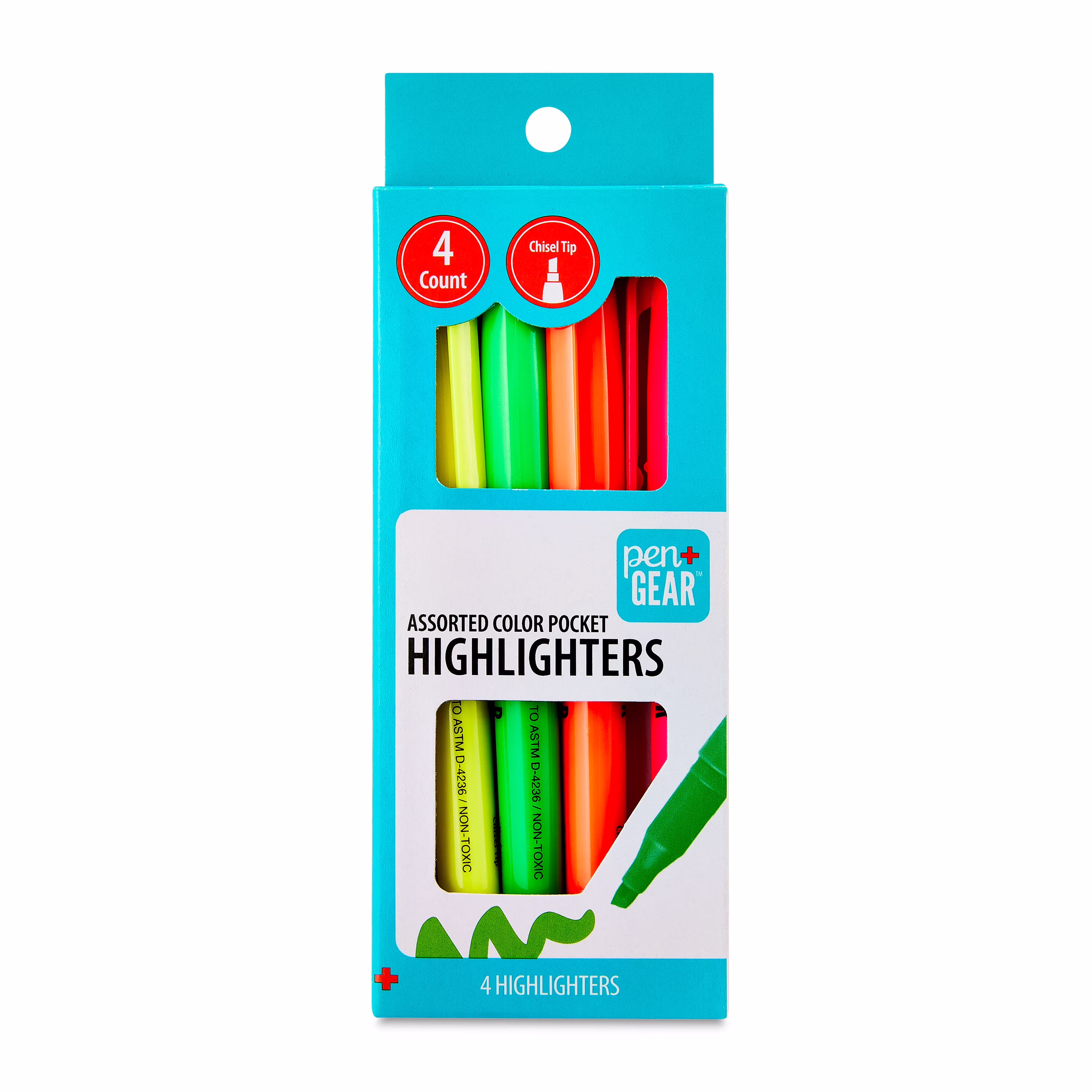 Pen+Gear Pocket Highlighters, Chisel Tip, Assorted Colors, 4 Count - Thumbnail 1