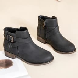 Women's Ankle Boots - Classic Side Zip, Cover with Buckle Strap, Comfortable Platform, Round Toe, Low Chunky Heel Comfort Slip On Fashion Black Boots. - Thumbnail 3