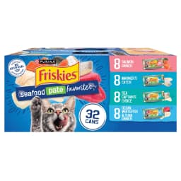 Purina Friskies Seafood Favorites Pate Wet Cat Food Variety Pack, 5.5 oz Cans (32 Pack) - Thumbnail 1