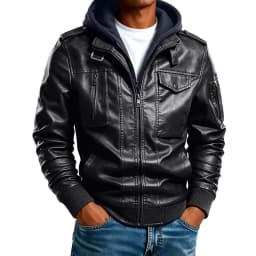 Gamivast Motorcycle Jacket for Men Faux Leather with Removable Hood Casual Pu Moto Bomber Coat Vintage Zip up Winter Biker Outerwear Apparel - Thumbnail 1
