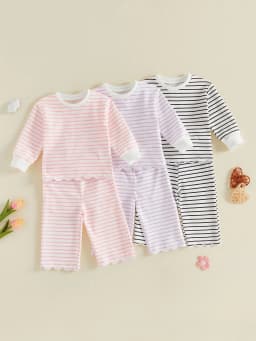 Loicainy Baby Toddler Girl Fall Clothes Set 6 12 18 24 Months 2T 3T 4T 5T Long Sleeve Crew Neck Striped Tops and Pants Outfits - Thumbnail 3