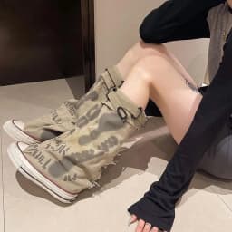 Women’s Knee High Punk Goth Boots, Wide Calf Lace-Up Canvas Boots with Buckles, Fold-Over Graffiti Print, Distressed Sole Streetwear - Thumbnail 3