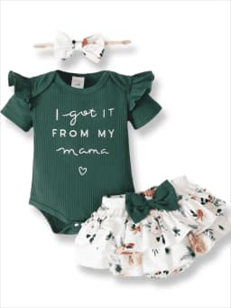 PatPat 3pcs Baby Girl 95% Cotton Short-Sleeve Letter Print Romper & Floral Print Layered Ruffled Shorts & Headband Set,0-18 Month - Thumbnail 1