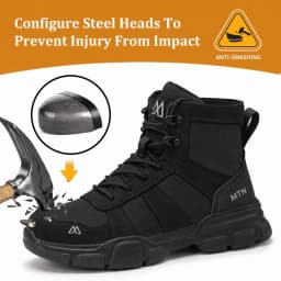 XQJ Men's Steel Toe Work Boots, Comfortable Lightweight Industrial Construction Shoes, Durable High Top Safety Boots - Black - Size 5 - Thumbnail 4