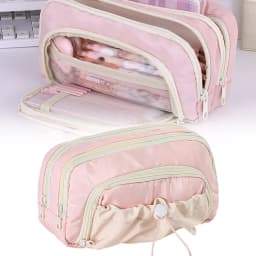 HonestMatter Big Capacity Pencil Case, Drawstring Stationery Pouch, Handheld Pen Bag, 5 Compartments, Dustproof Canvas Material, Pink - Thumbnail 1