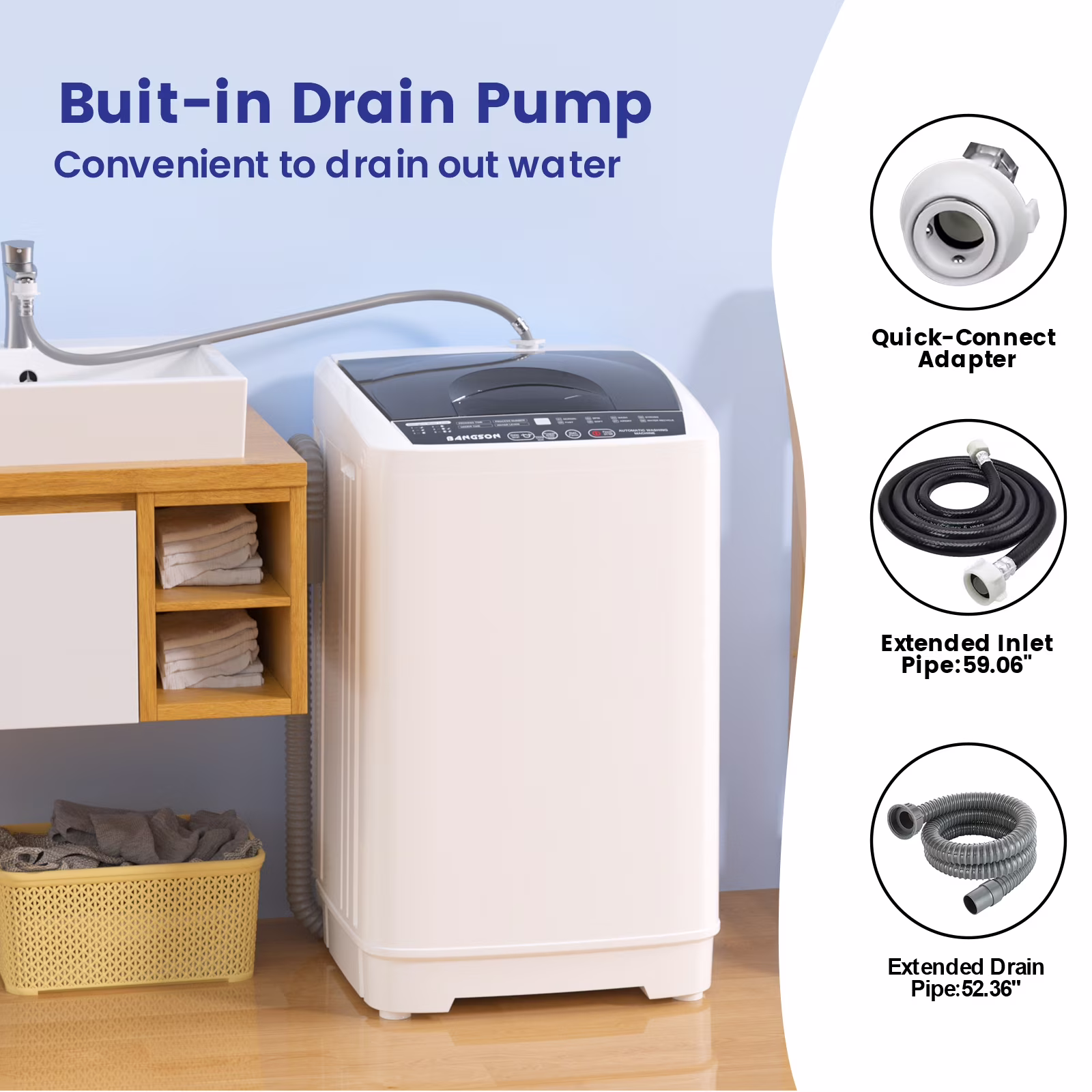BANGSON 1.08cu.ft Portable Washing Machine, Full-Automatic Compact Washer with 8 Programs & Drain Pump for Apartment, Dorm, Home - Thumbnail 6