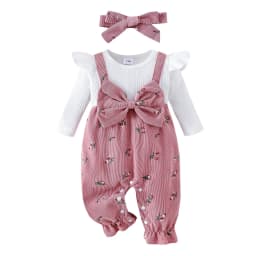 CAICJ98 Newborn Infant Baby Girl Clothes Fall Winter Long Sleeve Bubble Romper Floral Bow One Piece Jumpsuit Cute Outfits Pink,Size 3-6 Months - Thumbnail 1
