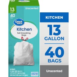 Great Value Tall Kitchen Trash Bags, 13 gal, Drawstring, Unscented, 40 Bags - Thumbnail 1