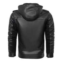 JUUYY Men's Faux Leather Bomber Jacket Hooded Fleece g Coat Retro Velvet Leather Zipper Pocket Long Sleeved Winter m Motorcycle Jacket Black XL - Thumbnail 5