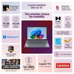 Lenovo IdeaPad Slim 3x 15.3" Touchscreen Laptop AI Snapdragon X 16GB 512GB SSD Windows 11 Pro Luna Grey - Thumbnail 2