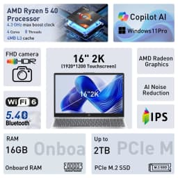 HP OmniBook 3 16" FHD+ Touchscreen Laptop, AMD Ryzen 5 40, 16GB RAM, 2TB SSD, Windows 11 Pro - Thumbnail 2