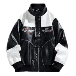 YLSDY Men Patchwork PU Leather Jacket Motorcycle Coat Bomber Retro Color Block Print Waterproof Outwear Streetwear Black XL - Thumbnail 2